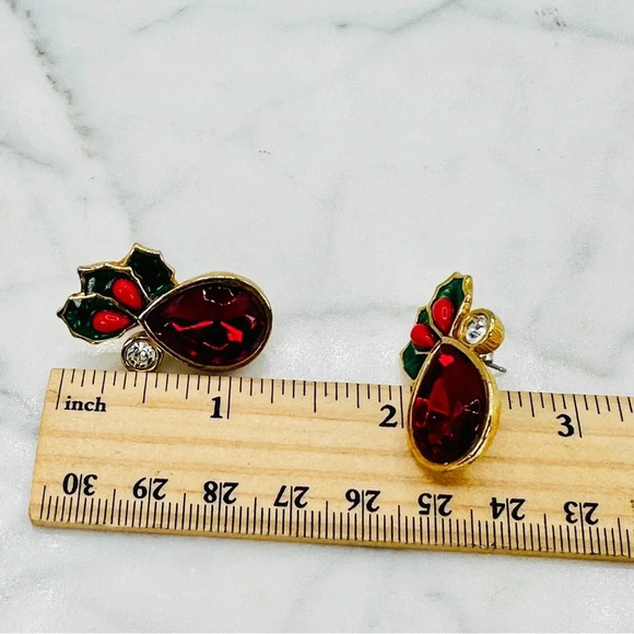 Vintage Avon 80’s Earrings Signed Christmas Holiday Red Jewel Holly Enam… - Picture 7 of 9